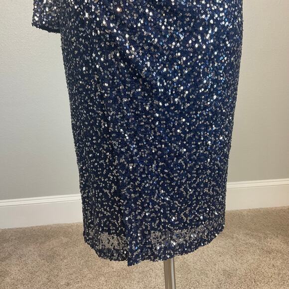 Betsy & Adam Women's Cocktail Dress Size 8 Blue Sequin One Shoulder Midi Sheath - Picture 8 of 14